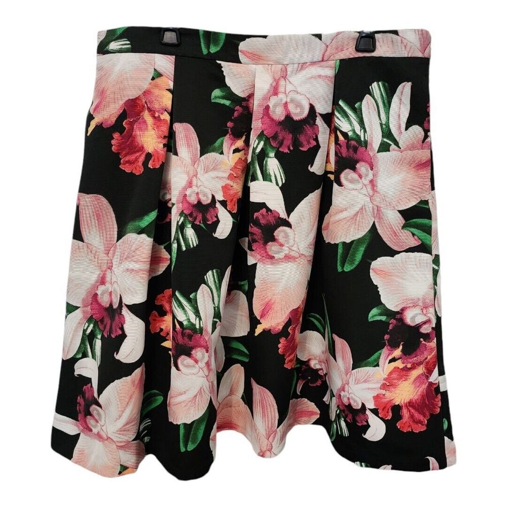 EUC New York  & Company Skirt Black & Pink Floral Pleaded Pockets Skirt Size‎ 18